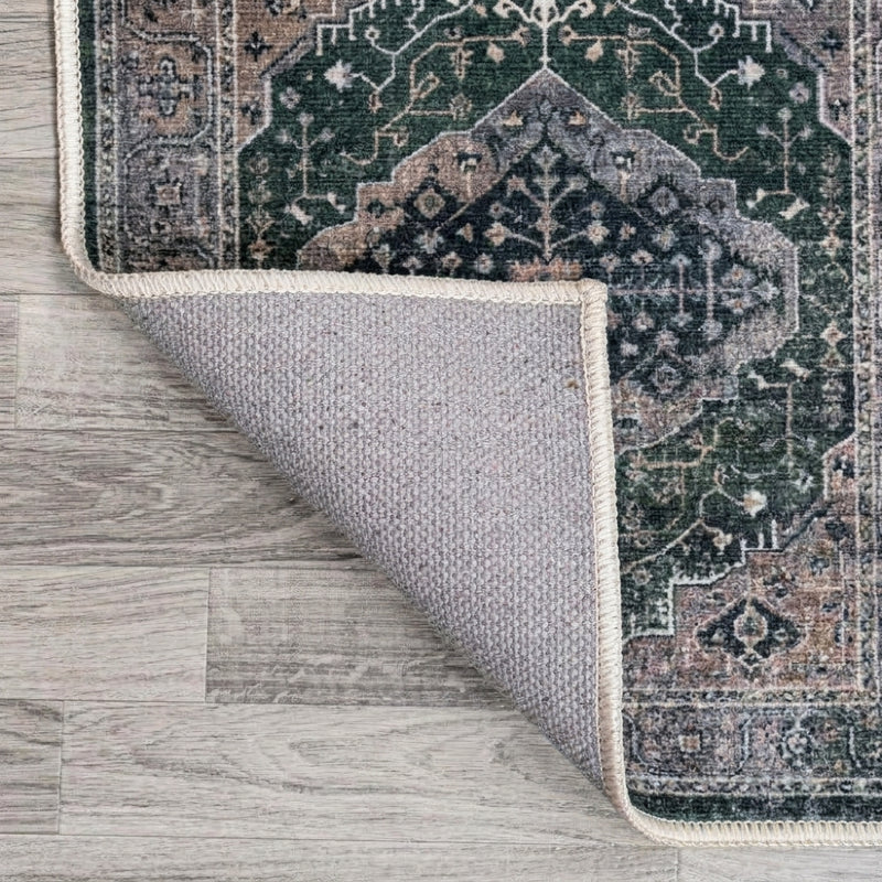 Alacati Ogee Medallion Washable Area Rug Dark Green/Dark Beige / Runner / 2' X 8' – BACK