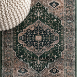 Alacati Ogee Medallion Washable Area Rug Dark Green/Dark Beige / Runner / 2' X 8' – DETAIL