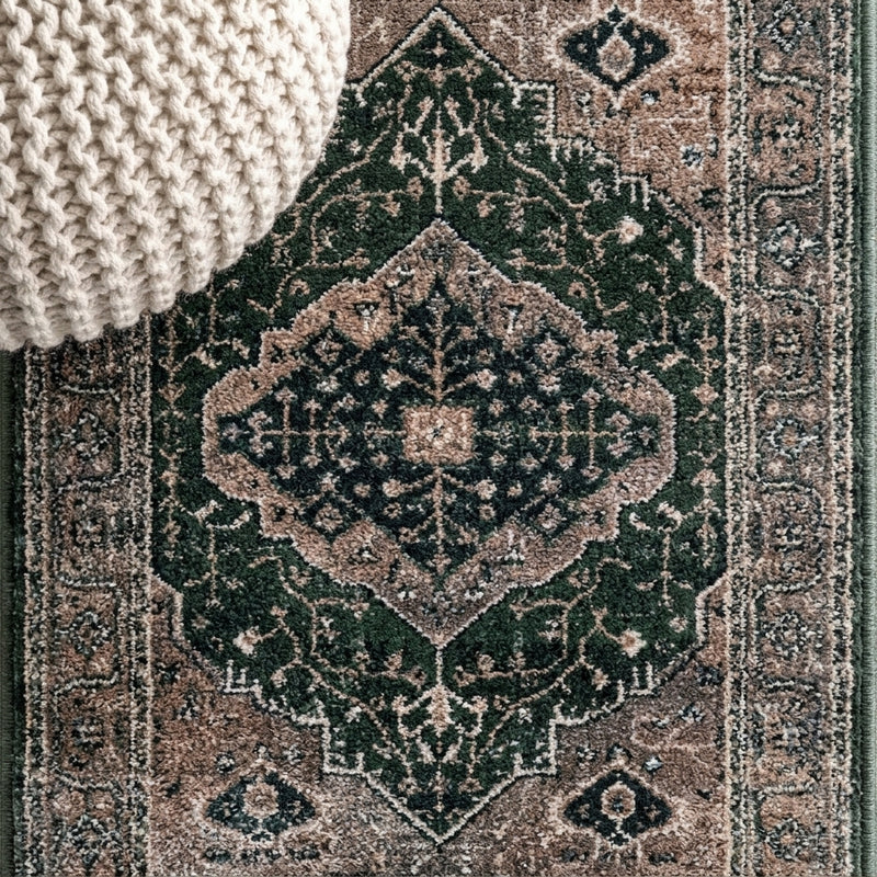 Alacati Ogee Medallion Washable Area Rug Dark Green/Dark Beige / Runner / 2' X 8' – DETAIL