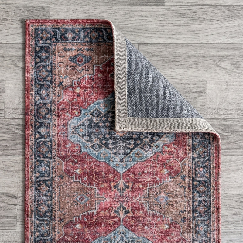 Alacati Ogee Medallion Washable Area Rug Red/Blue/Brown / Runner / 2' X 8' – BACK