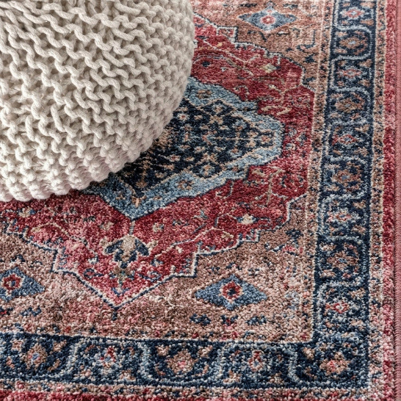 Alacati Ogee Medallion Washable Area Rug Red/Blue/Brown / Runner / 2' X 8' – DETAIL