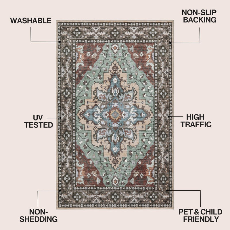 Superbia Boho Medallion Border Non-slip Machine-washable Area Rug