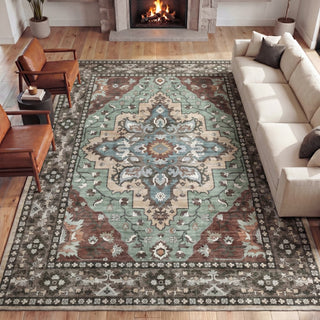 Superbia Boho Medallion Border Non-slip Machine-washable Area Rug