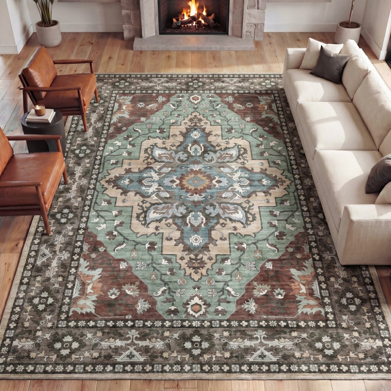 Superbia Boho Medallion Border Non-slip Machine-washable Area Rug