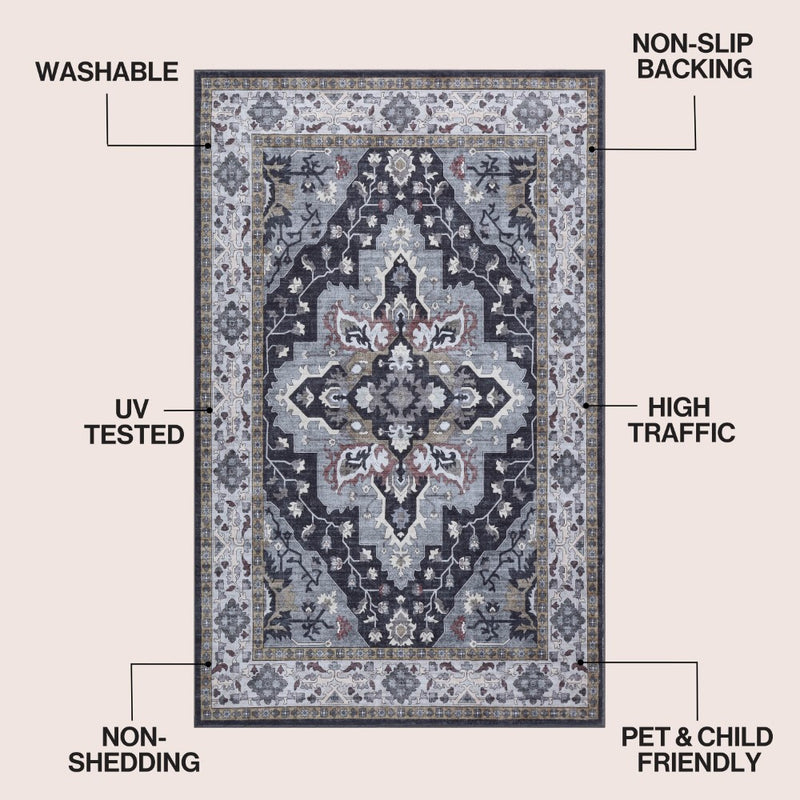 Superbia Boho Medallion Border Non-slip Machine-washable Area Rug