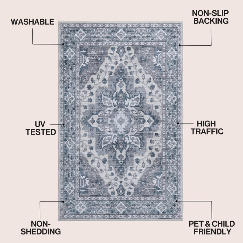Superbia Boho Medallion Border Non-slip Machine-washable Area Rug
