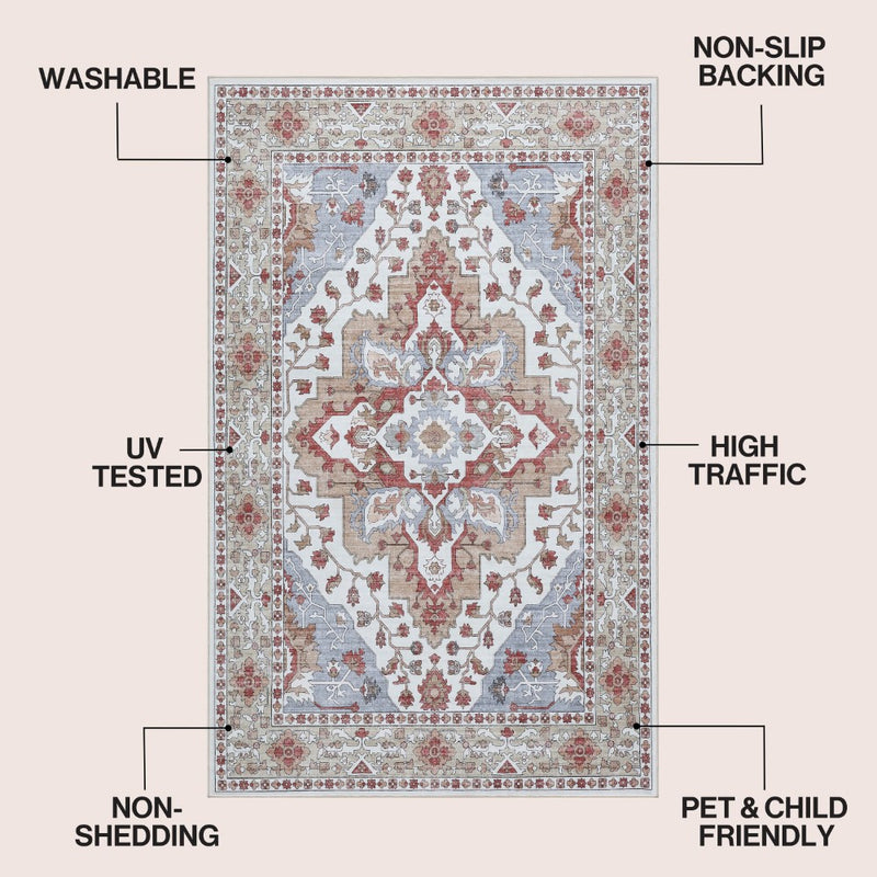 Superbia Boho Medallion Border Non-slip Machine-washable Area Rug