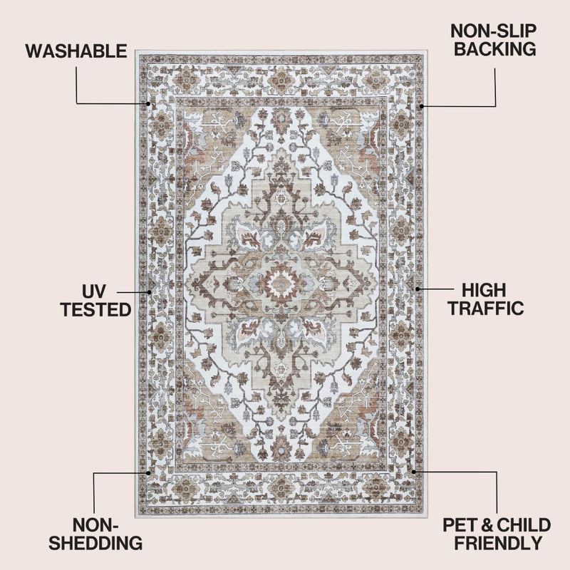 Superbia Boho Medallion Border Non-slip Machine-washable Area Rug