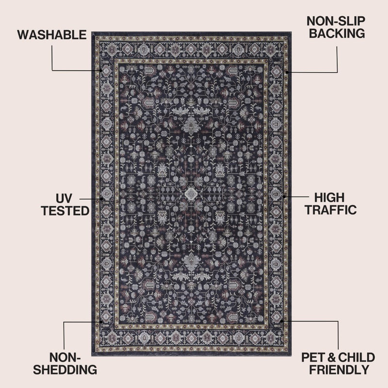 Subtlety Medallion All-over Floral Border Non-slip Machine-washable Area Rug
