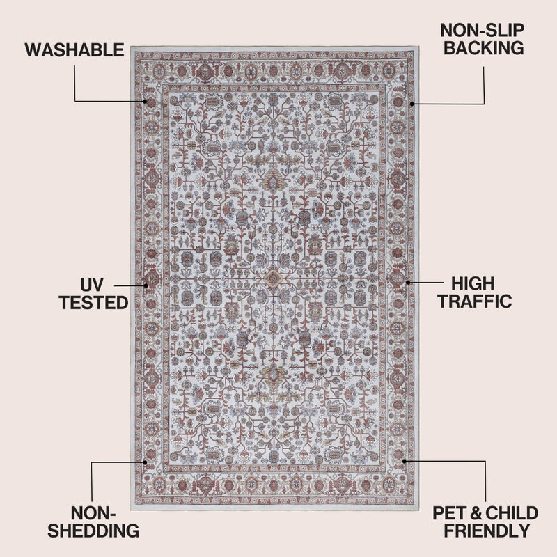 Subtlety Medallion All-over Floral Border Non-slip Machine-washable Area Rug