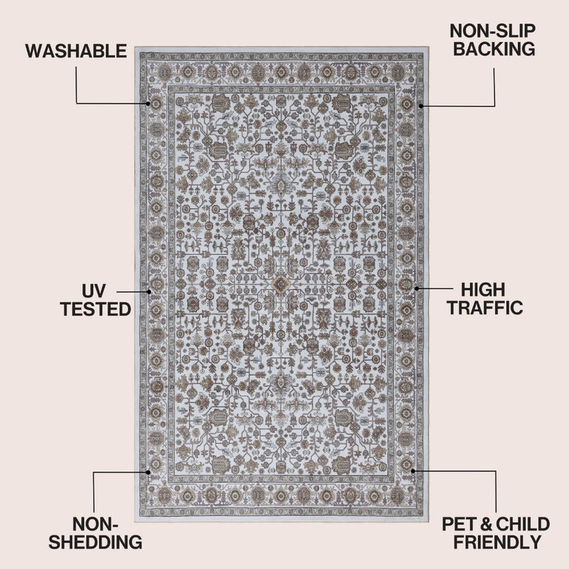 Subtlety Medallion All-over Floral Border Non-slip Machine-washable Area Rug