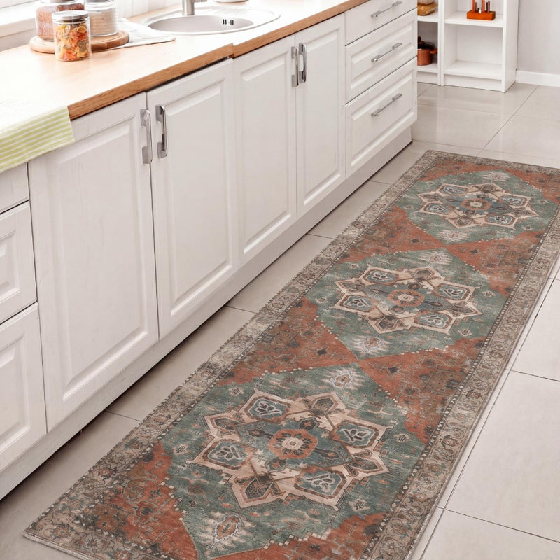Sersi Ornate Large Medallion Border Non-slip Machine-washable Area Rug