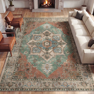 Sersi Ornate Large Medallion Border Non-slip Machine-washable Area Rug