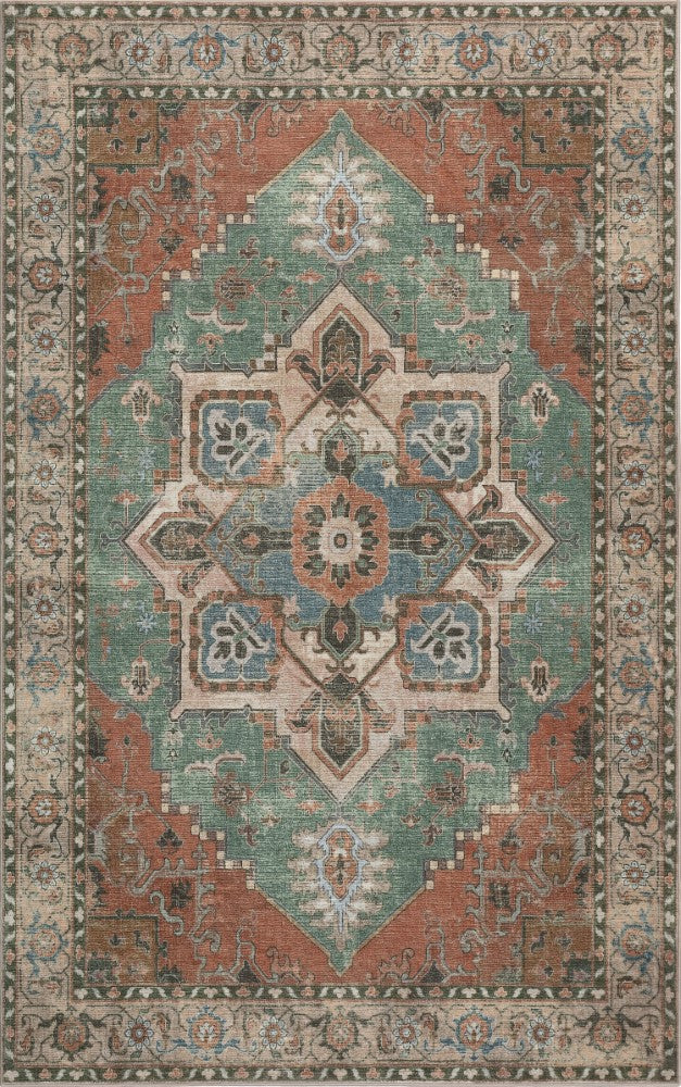Sersi Ornate Large Medallion Border Non-slip Machine-washable Area Rug