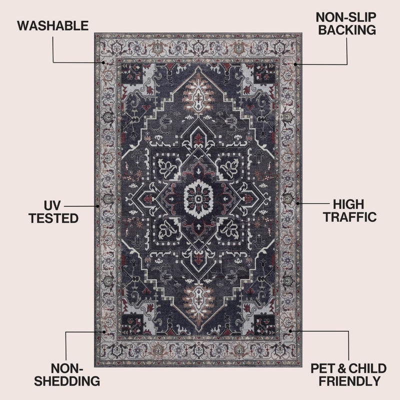 Sersi Ornate Large Medallion Border Non-slip Machine-washable Area Rug