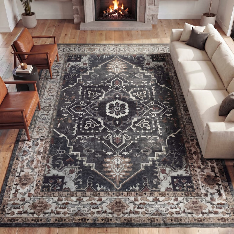 Sersi Ornate Large Medallion Border Non-slip Machine-washable Area Rug