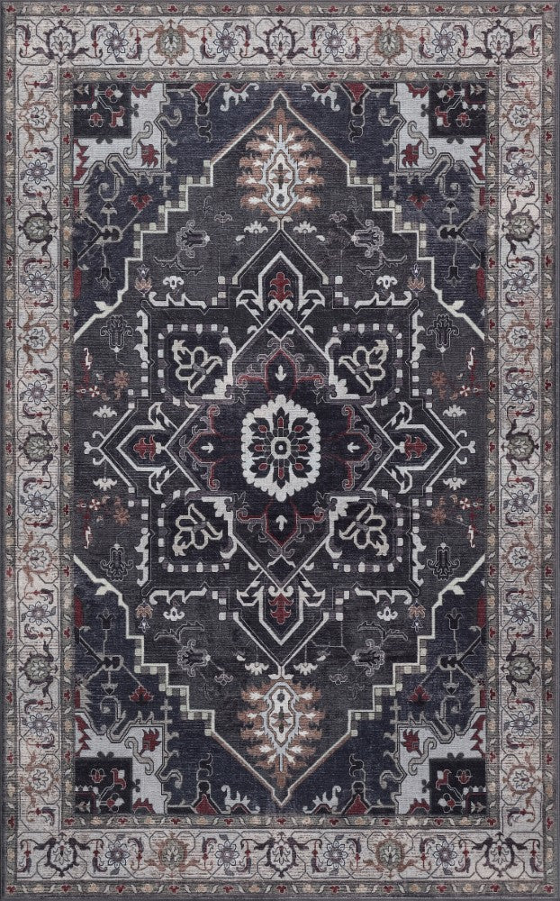 Sersi Ornate Large Medallion Border Non-slip Machine-washable Area Rug