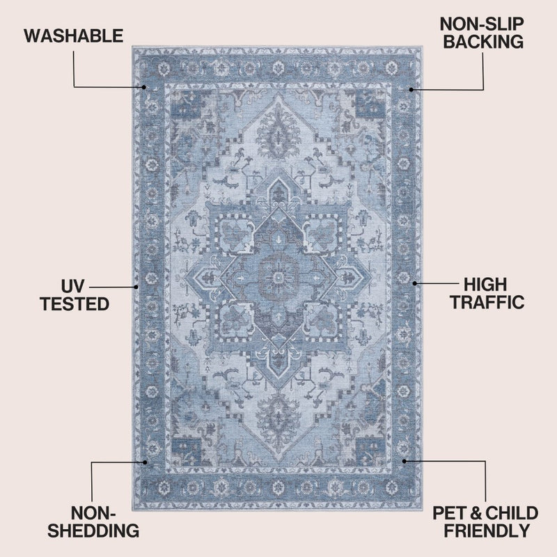 Sersi Ornate Large Medallion Border Non-slip Machine-washable Area Rug