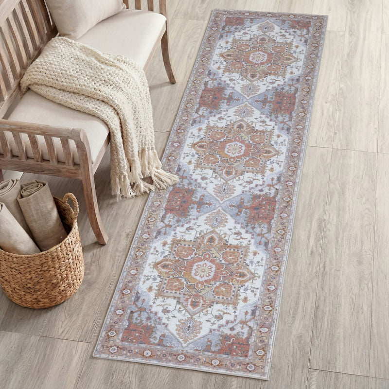 Sersi Ornate Large Medallion Border Non-slip Machine-washable Area Rug