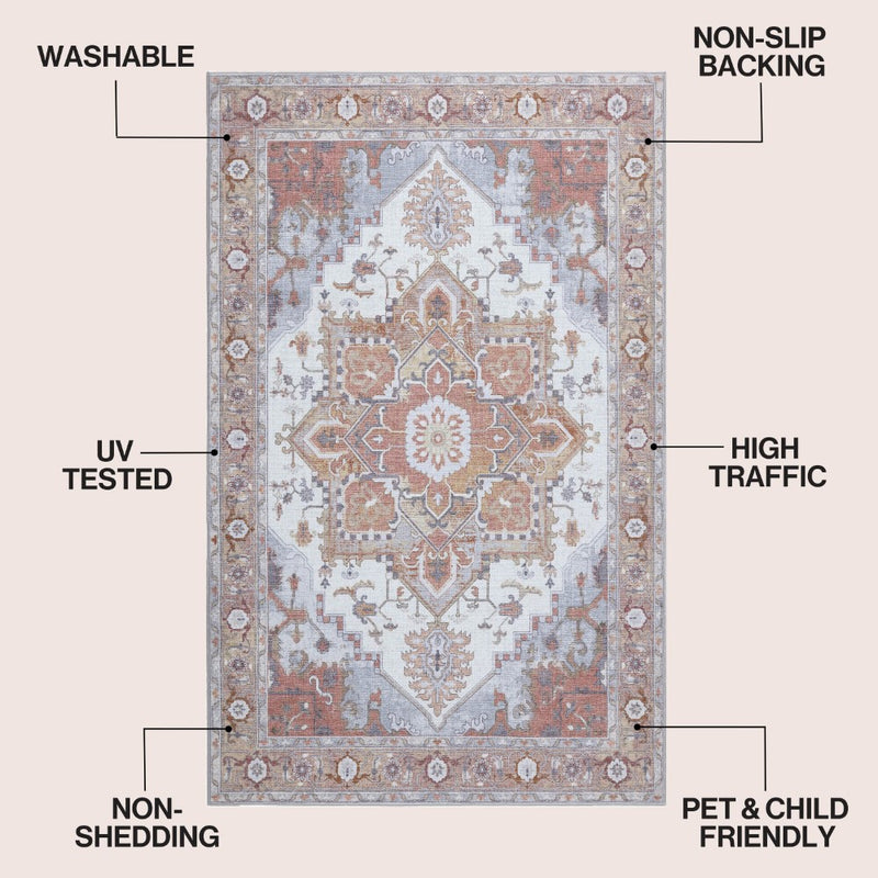 Sersi Ornate Large Medallion Border Non-slip Machine-washable Area Rug