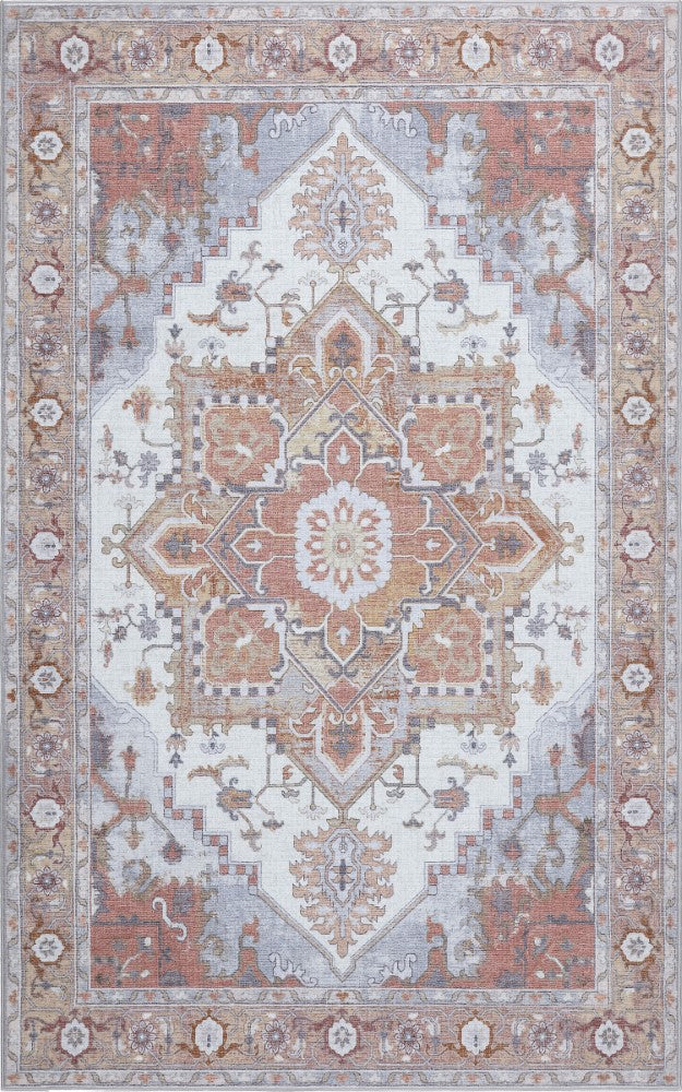 Sersi Ornate Large Medallion Border Non-slip Machine-washable Area Rug