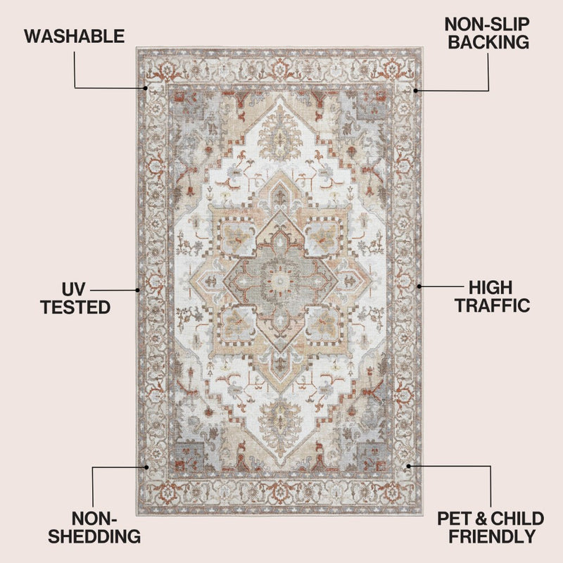 Sersi Ornate Large Medallion Border Non-slip Machine-washable Area Rug