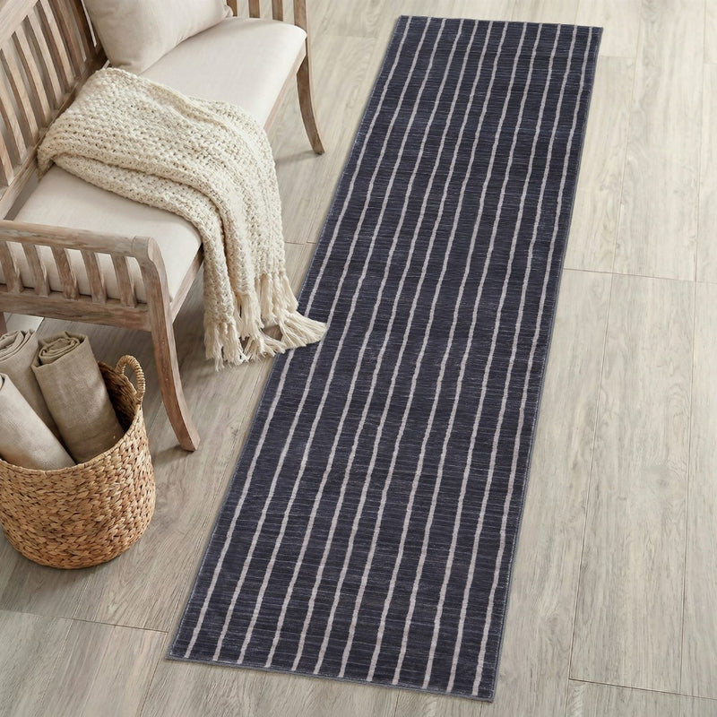 Orton Distressed Ticking Stripe Non-slip Machine-washable Area Rug