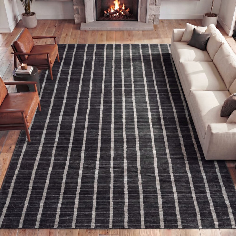 Orton Distressed Ticking Stripe Non-slip Machine-washable Area Rug