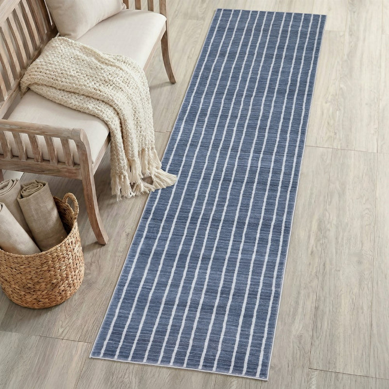Orton Distressed Ticking Stripe Non-slip Machine-washable Area Rug
