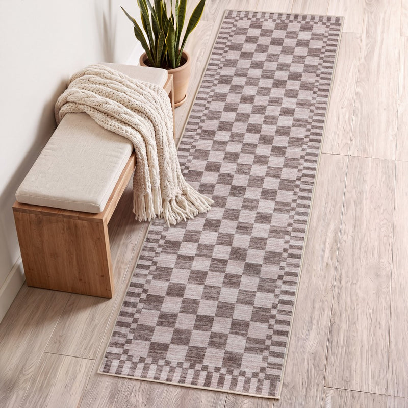 Draft Distressed Checkerboard Stripe Border Non-slip Machine-washable Area Rug