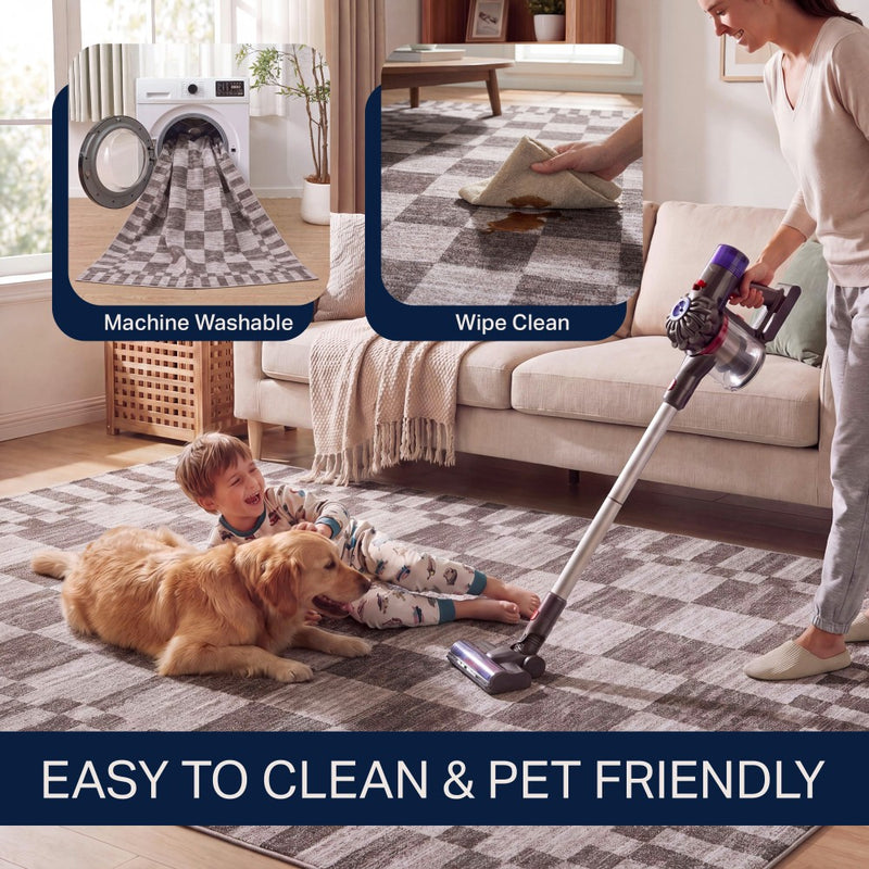Draft Distressed Checkerboard Stripe Border Non-slip Machine-washable Area Rug