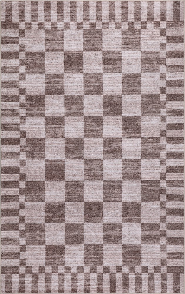 Draft Distressed Checkerboard Stripe Border Non-slip Machine-washable Area Rug