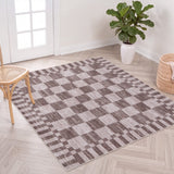 Draft Distressed Checkerboard Stripe Border Non-slip Machine-washable Area Rug