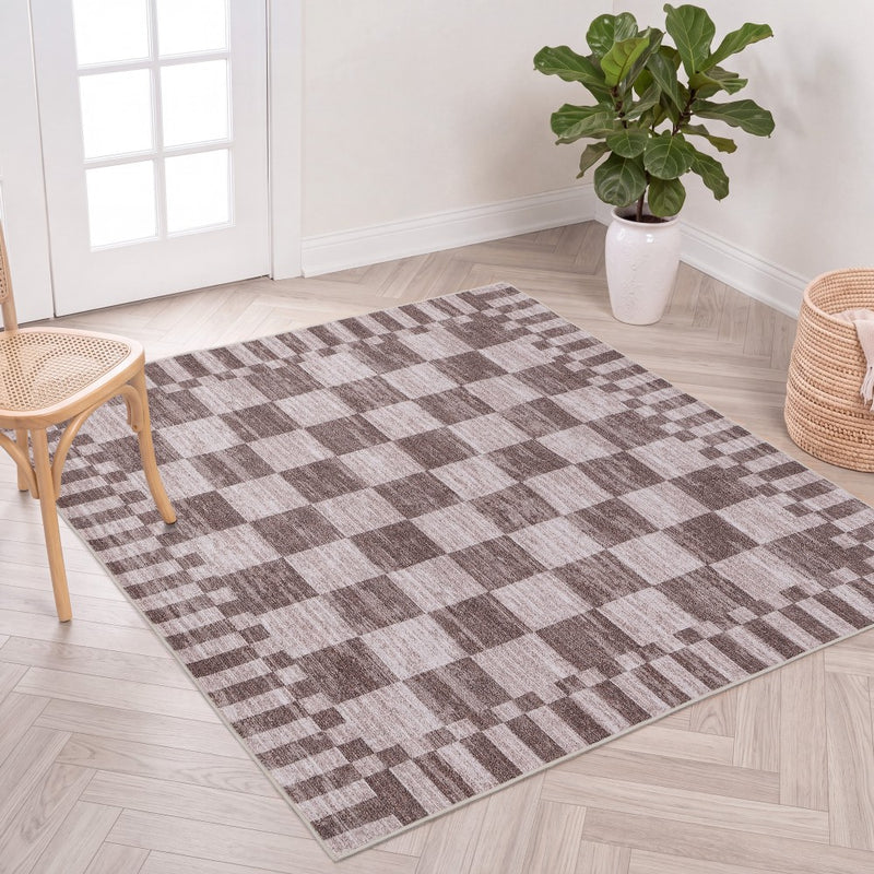Draft Distressed Checkerboard Stripe Border Non-slip Machine-washable Area Rug