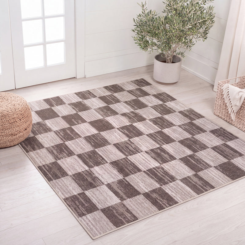 Pawn Distressed Checkerboard Non-slip Machine-washable Area Rug