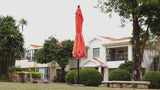 Terrace Arc 9 ft. Classic MidCentury Scalloped Fringe Market Patio Half Umbrella with CrankTilt Button and UV Protection