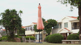 Terrace Arc 9 ft. Classic MidCentury Scalloped Fringe Market Patio Half Umbrella with CrankTilt Button and UV Protection