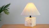 Hermin 16.5" Contemporary Minimalist Geometric Sculptural Alabaster Cube Metal LED Table Lamp with Nightlight Base and Pleated Shade