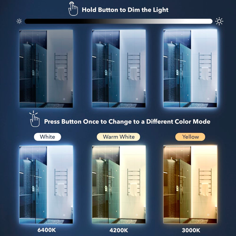 Nora Rectangular Frameless Anti-Fog Aluminum Back-lit Tri-color LED Bathroom Vanity Mirror with Smart Touch Control - JONATHAN Y