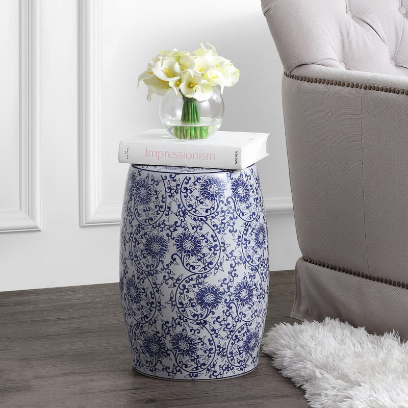 Lotus Blossom 17.5" Chinoiserie Ceramic Drum Garden Stool - JONATHAN Y